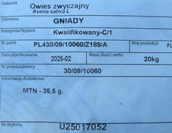 Owies Gniady nasiona kwalifikat C1