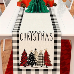 Obrus / Bieżnik świąteczny 183 × 33 cm – czarno-biała krata z choinkami