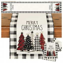 Obrus / Bieżnik świąteczny 183 × 33 cm – czarno-biała krata z choinkami