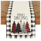 Obrus / Bieżnik świąteczny 183 × 33 cm – czarno-biała krata z choinkami