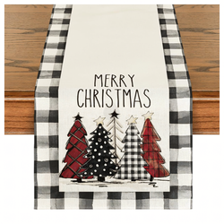 Obrus / Bieżnik świąteczny 183 × 33 cm – czarno-biała krata z choinkami