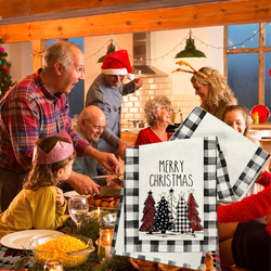 Obrus / Bieżnik świąteczny 183 × 33 cm – czarno-biała krata z choinkami