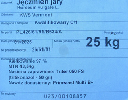 Jęczmień jary KWS Vermont nasiona kwalifikat C1