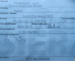 Pszenżyto jare Mamut kwalifikat C1 nasiona