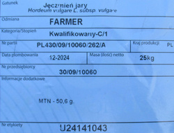 Jęczmień jary Farmer nasiona kwalifikat C1