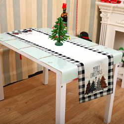 Obrus / Bieżnik świąteczny 183 × 33 cm – czarno-biała krata z choinkami