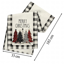 Obrus / Bieżnik świąteczny 183 × 33 cm – czarno-biała krata z choinkami