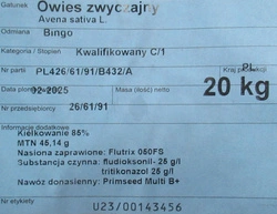 Owies jary Bingo kwalifikat C1 nasiona
