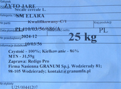 Żyto jare SM Elara kwalifikat C1